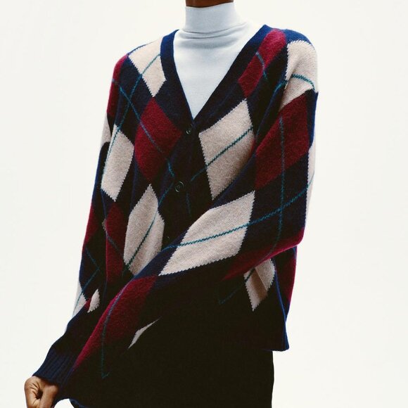 Zara Long Wool Argyle Cardigan Jacket – Navy Blue, Size Small Sustainable Blend - Picture 1 of 8